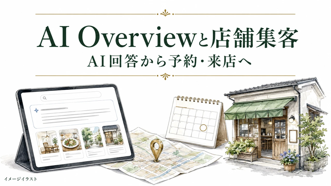 AI Overviewと店舗集客：AI回答から予約・来店へ。AI生成のイメージイラスト。
