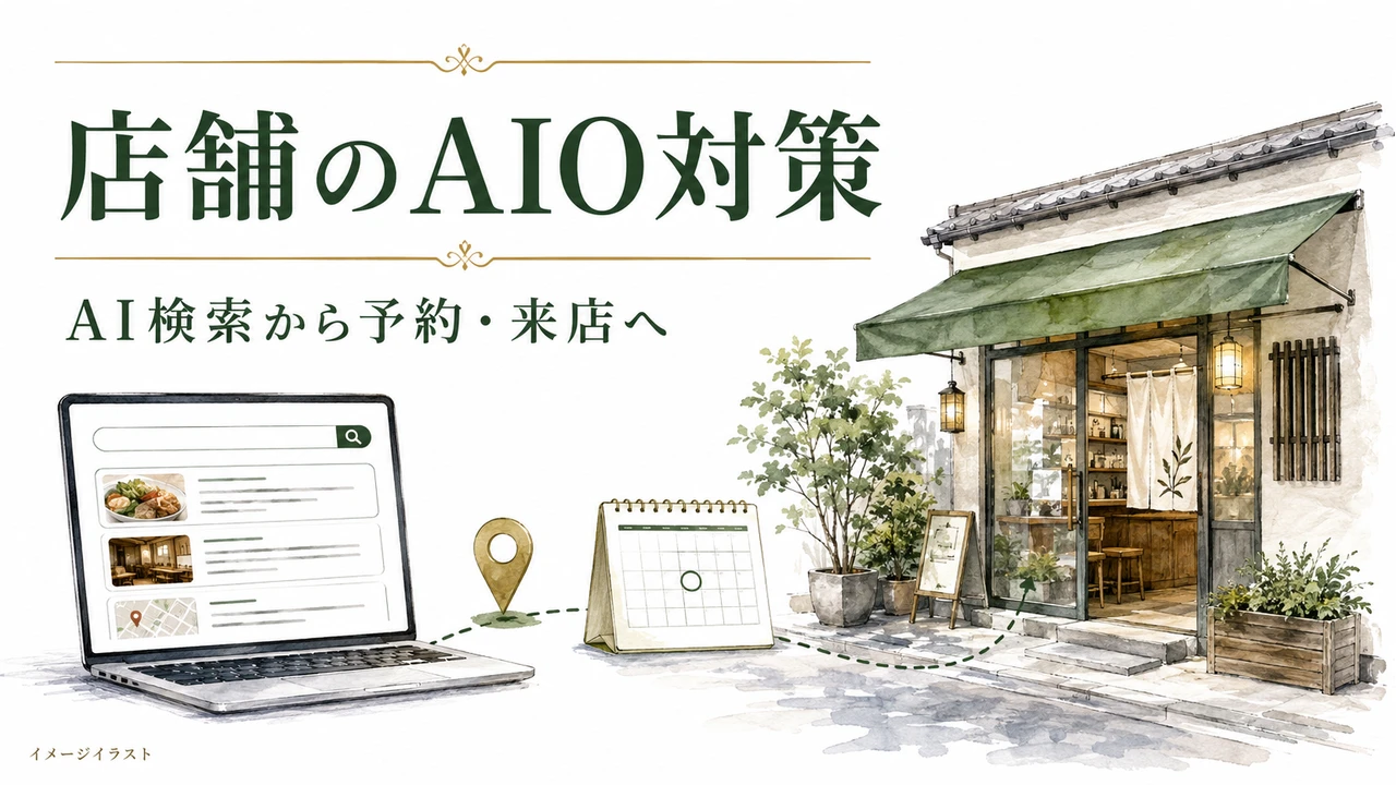 店舗のAIO対策：AI検索から予約・来店へ。AI生成のイメージイラスト。