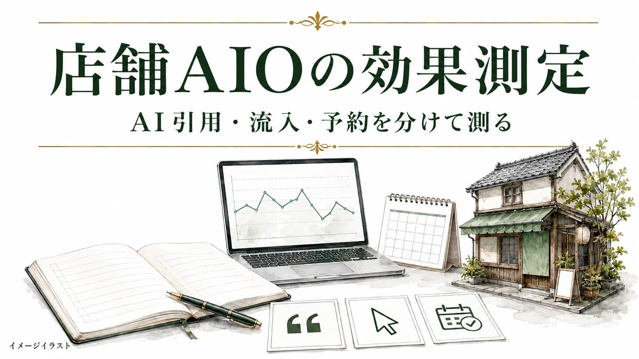 店舗AIOの効果測定：AI引用・流入・予約を分けて測る。AI生成のイメージイラスト。