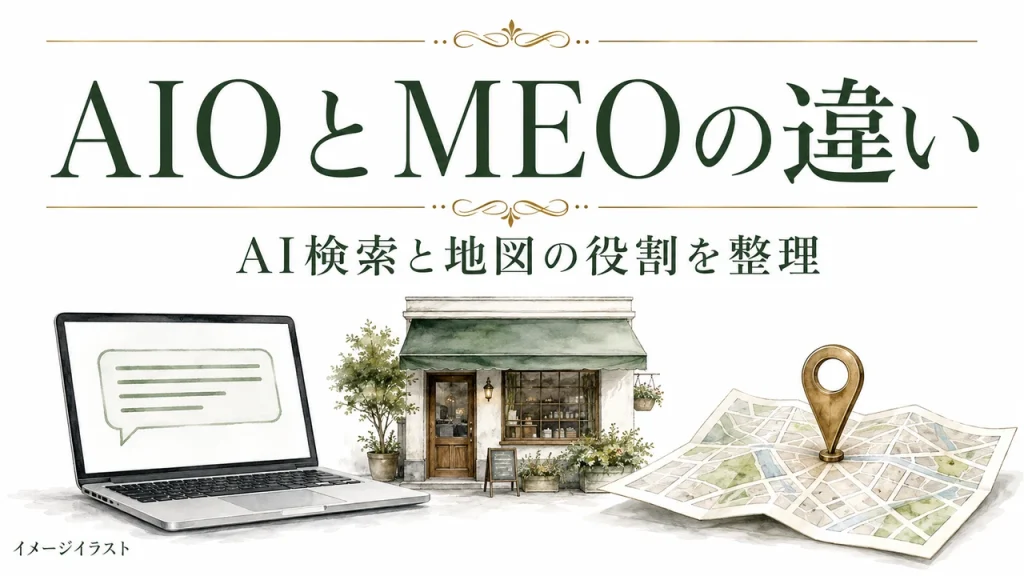 AIOとMEOの違い：AI検索と地図の役割を整理。AI生成のイメージイラスト。