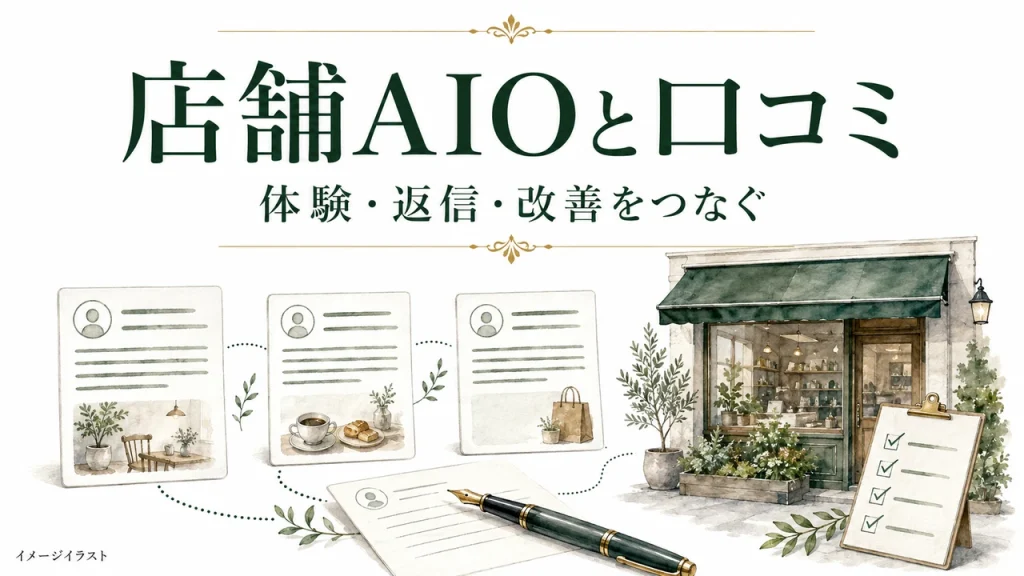 店舗AIOと口コミ：体験・返信・改善をつなぐ。AI生成のイメージイラスト。