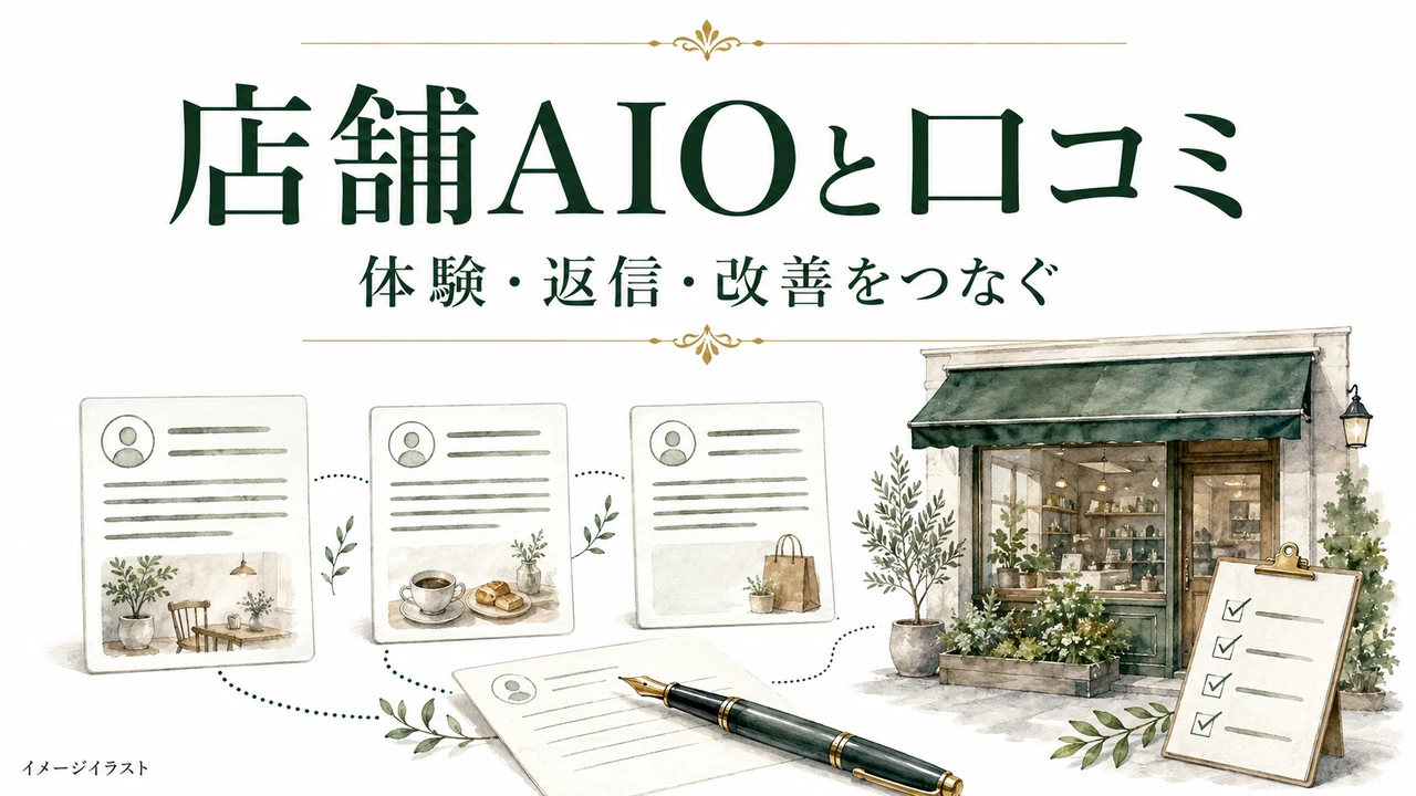 店舗AIOと口コミ：体験・返信・改善をつなぐ。AI生成のイメージイラスト。