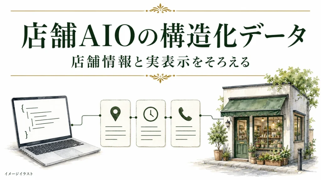 店舗AIOの構造化データ：店舗情報と実表示をそろえる。AI生成のイメージイラスト。