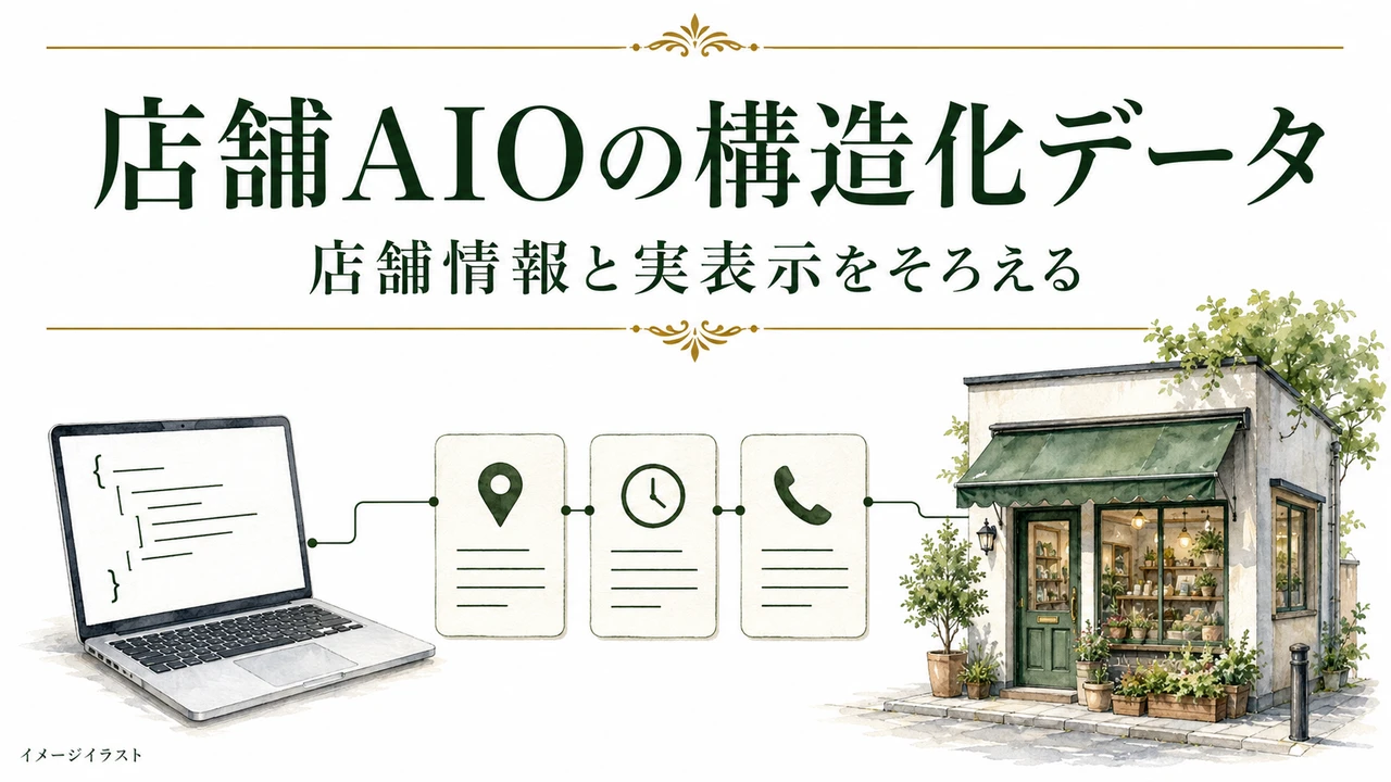 店舗AIOの構造化データ：店舗情報と実表示をそろえる。AI生成のイメージイラスト。