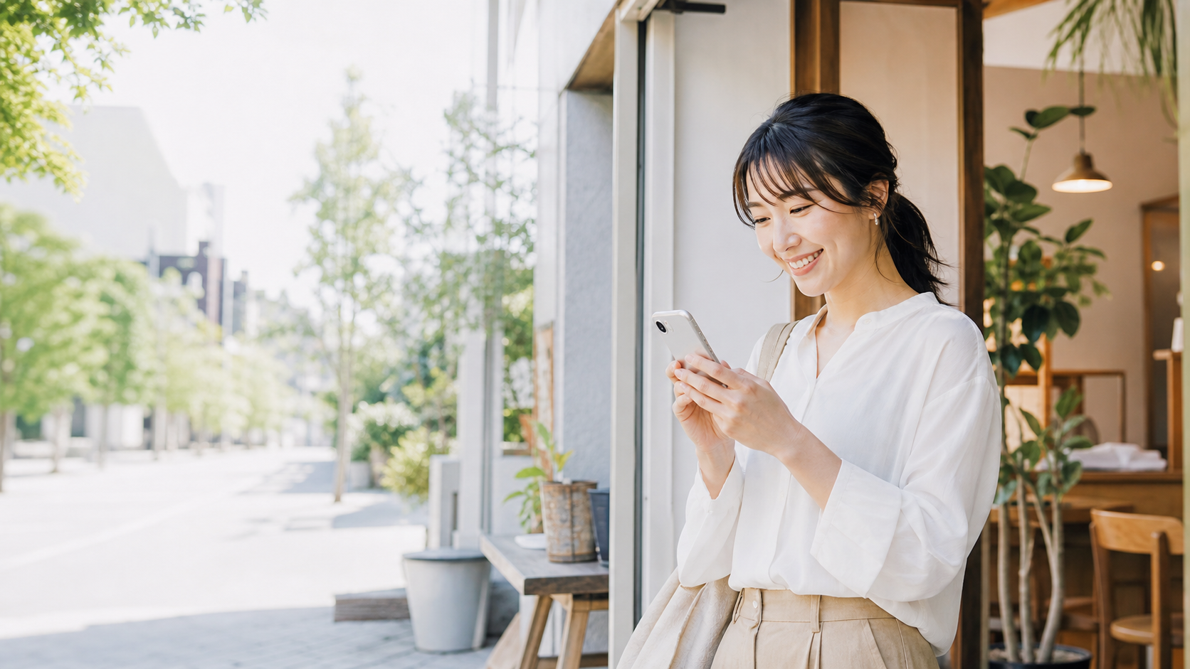 スマートフォンで地域の店舗情報を探す女性