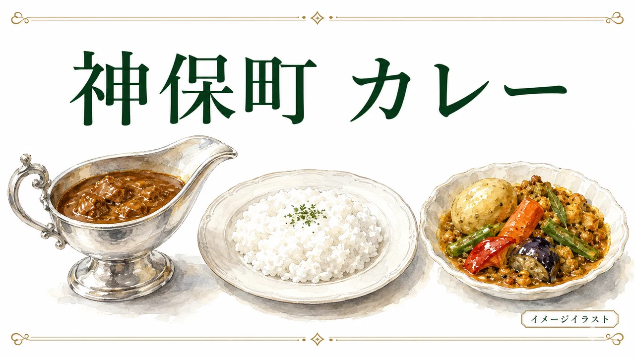 神保町のカレー選びを表すイメージイラスト