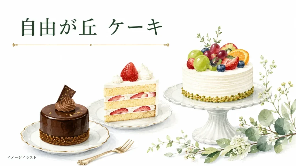 自由が丘のケーキ選びを表すイメージイラスト