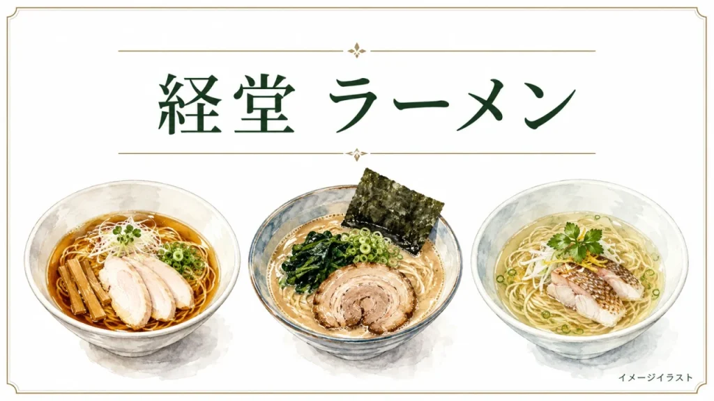 経堂のラーメン選びを表すイメージイラスト