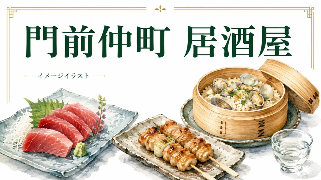 門前仲町の居酒屋選びを表すイメージイラスト