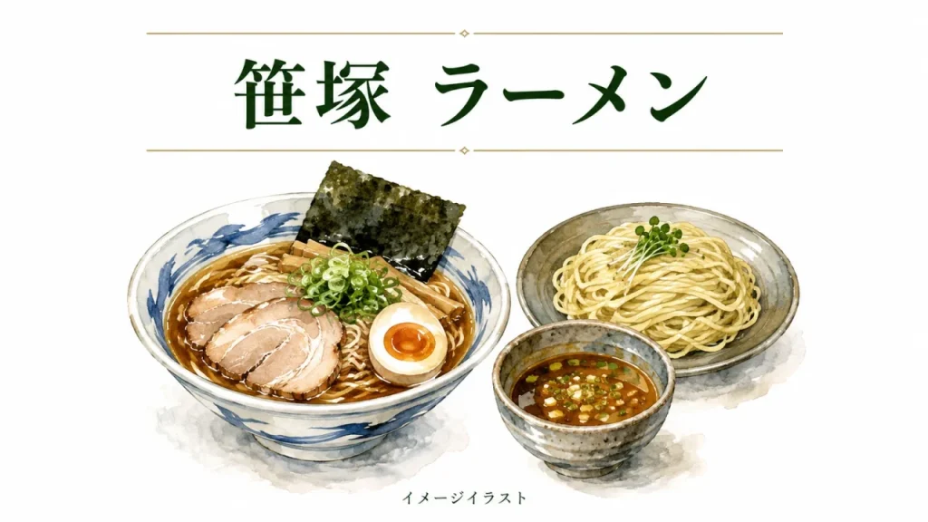 笹塚のラーメン選びを表すイメージイラスト