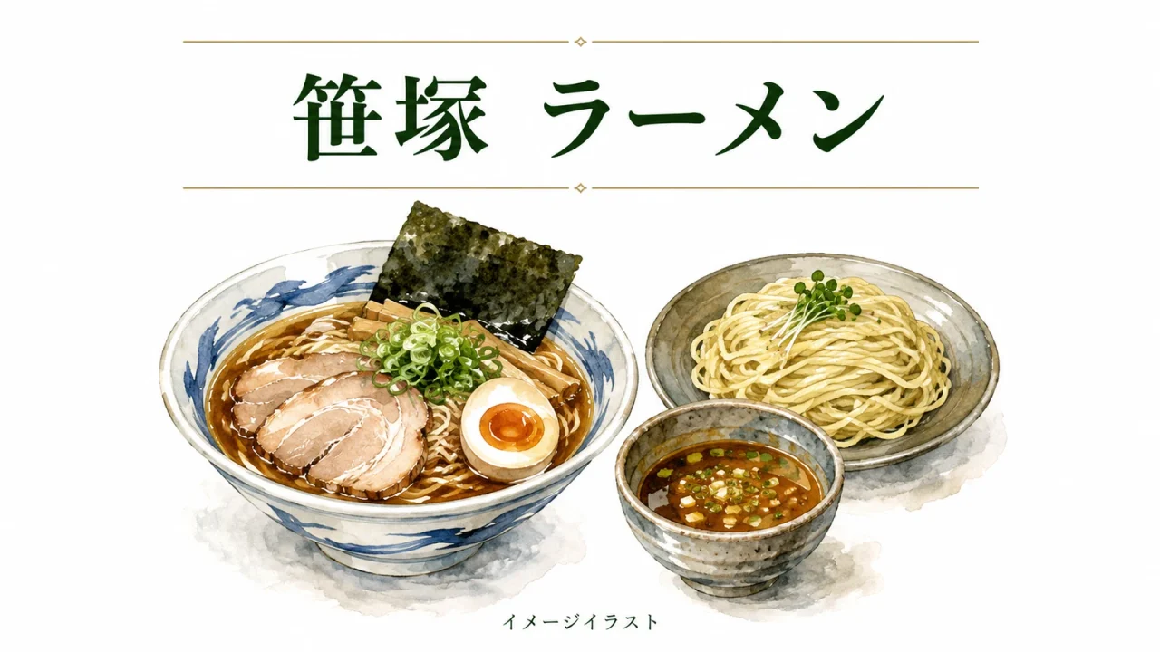笹塚のラーメン選びを表すイメージイラスト
