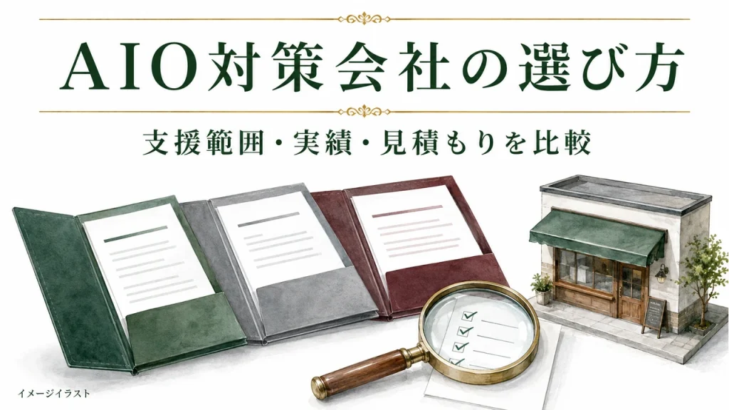 AIO対策会社の選び方：支援範囲・実績・見積もりを比較。AI生成のイメージイラスト。