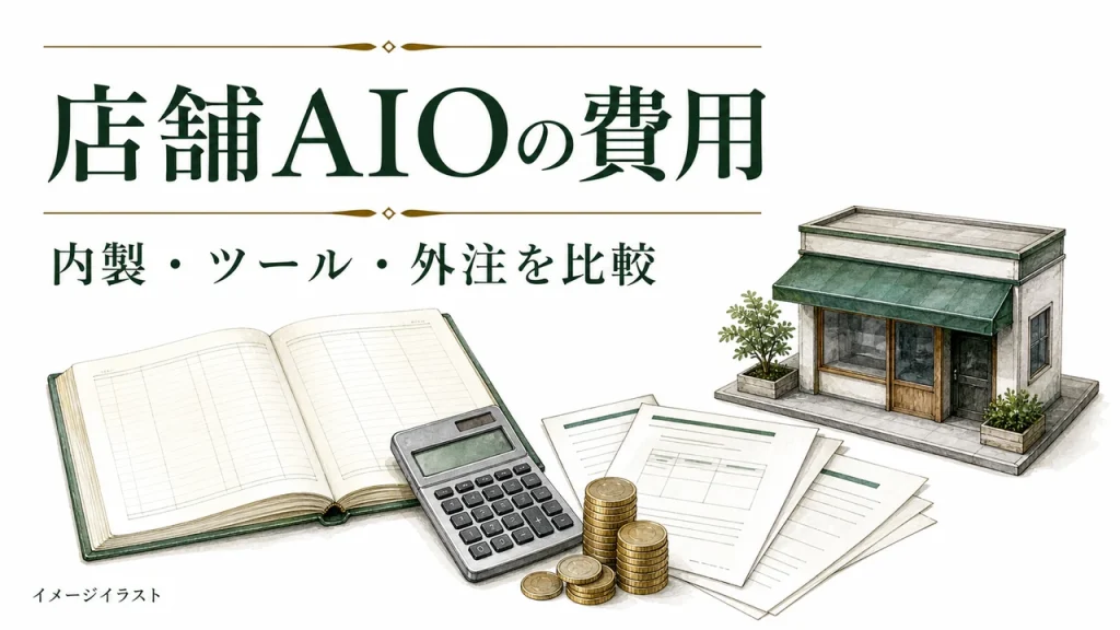 店舗AIOの費用：内製・ツール・外注を比較。AI生成のイメージイラスト。